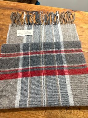 Italian Wool Plaid Fringe  Scarf in Gray, Red & Cream